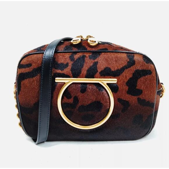 RARE Ferragamo Calf Hair Leather Gold Chain Camera Crossbody Bag - Picture 12 of 13